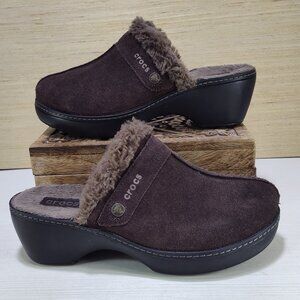 Crocs Mule Clogs Wedge Brown Suede Faux Fur Lined Womens Size 10